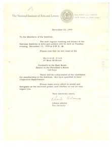 Letter from National Institute of Arts and Letters to W. E. B. Du Bois