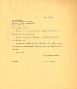 Letter from W. E. B. Du Bois to Mouvement contre le racisme, l'antisémitisme et pour la paix