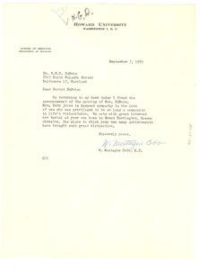 Letter from W. Montague Cobb to W. E. B. Du Bois