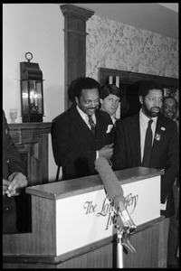 Jesse Jackson preparing to address the crowd, with Bill Strickland (right)