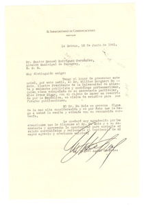 Letter from Miguel Angel Céspedes to Santos Manuel Rodríguez Fernández