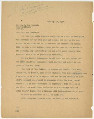 Letter from Laurence L. Doggett to Van Bommel (January 19,1916)