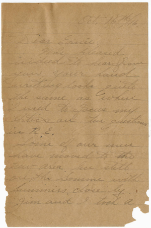 Letter from Herbert C. Patterson to Ernie (October 16, 1916)