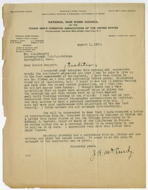 Letter from James H. McCurdy to Laurence L. Doggett (August 1, 1917)
