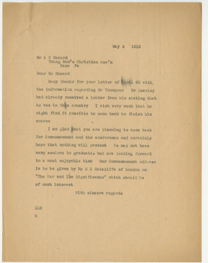 Letter from Laurence L. Doggett to Alva Ray Hazard (May 4, 1918)