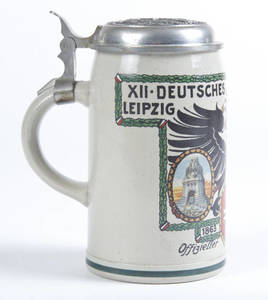 Stoneware stein commemorating 1913 Leipzig Turnfest, signed by Franz Ringer
