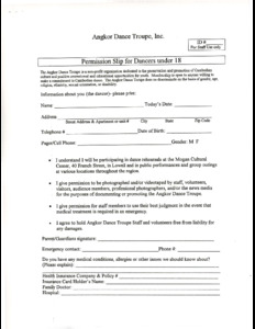 Angkor Dance Troupe permission slip for minor members, 2002