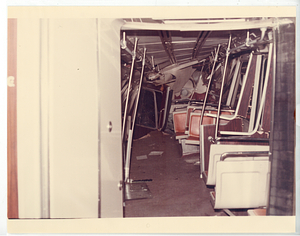 Unidentified Green Line collision, view inside train of damage