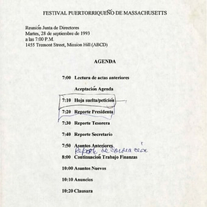 Agenda from Festival Puertorriqueño de Massachusetts Board of Directors meeting on Tuesday, September 28, 1993