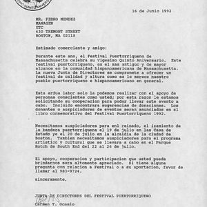 Letter from Carmen Ocasio to Pedro Mendez, ETC manager, requesting donations for Festival Puertorriqueño 1992