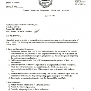 Fax of a letter from Donna M. Mueller to Hector Del Valle regarding licensing for Festival Puertorriqueño