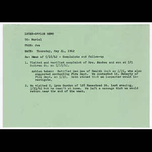 Memorandum from Joe to Muriel about memo of May 18, 1962