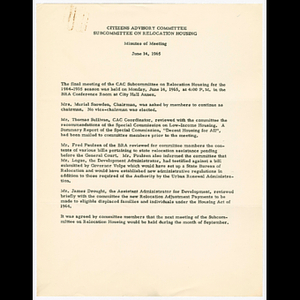 Minutes for Citizens Advisory Committee, Subcommittee on Relocation Housing meeting on June 14, 1965