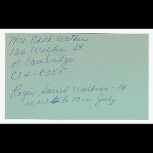 Contact information for Mrs. Edith Watkins and note about Roger Harald Watkins