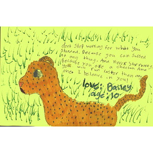 "Never stop running because you are a cheetah" drawing and message (Card from a child in San Antonio, Texas)