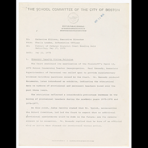 Memorandum from Sheila London to Catherine Ellison about federal district court hearing held May 17, 1978