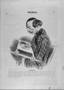 Le BRODEUR. Exemple des erreurs que commet parfois la nature dans l'étiquette des sexes. Ainsi, de même qu'on voit de soi-disant femmes qui portent la culotte, une façon de moustaches, qui jouent du cornet-à-piston, de la contre basse, ou qui composent des romans humanitaires; de même on voit de soi-disant hommes, qui pincent de la harpe, ourlent des cravattes, brodent au tambour avec leurs mains d'homme, et qui au besoin, font un peu de cuisine.