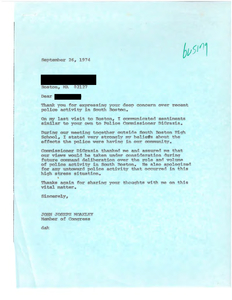 Correspondence between John Joseph Moakley and a Boston constituent stating "come immediately Friday policemen brutality on our kids", September 1974