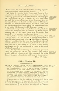 1784 Chap. 0071 An Act In Addition To, And For Repealing Certain Parts Of An Act, Entitled, " An Act In Addition To, And For Repealing Certain Parts Of An Act, Made And Passed The Third Day Of July, Anno Domini, One Thousand Seven Hundred And Eighty-Two, Entitled, "An Act To Remove The Obstructions And Open Passage Ways For The Fish Called Alewives, Shad, And Other Fish, Up Neponset River;" And For Making More Effectual Provision For The Passage Of The Said Fish.