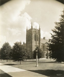 Bapst Library exterior: Ford Tower from Linden Lane, by Clifton Church
