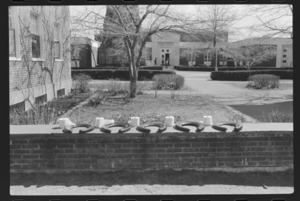 Photographs of an April Fools' Day joke outside the Mead Art Museum, 1977 April 1