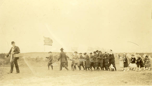 John B. Dyer leading Memorial Day parade of schoolchildren, 1910