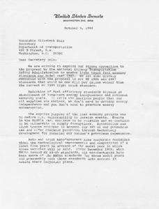 Letter to Elizabeth Dole from Senator Paul E. Tsongas and (15) other Senators in strong opposition to the proposal by the National Highway Transportation Safety Administration to weaken light truck fuel economy standards for Model Year 1985