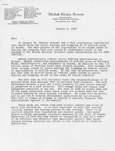 Copy of a letter for Senator Paul E. Tsongas that was sent to Colleague from Frank H. Murkowski and Ted Stevens regarding the "Alaska National Sports Hunting Act"