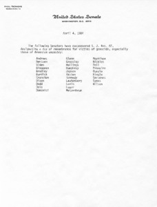 List of Senators cosponsoring S.J. Res. 87, a day of remembrance for victims of genocide