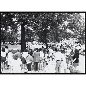 A crowd of people gather near a park at a carnival