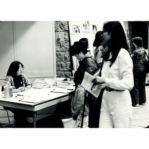 Guests in the lobby of the Josiah Quincy School at an event about the normalization of U.S. and China relations