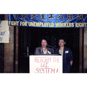 Speaker and Suzanne Lee at an unemployment insurance rally