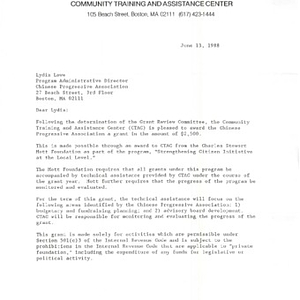 Decision correspondence from the Community Training and Assistance Center, awarding the Chinese Progressive Association a $2,500 grant for its Workers' Center