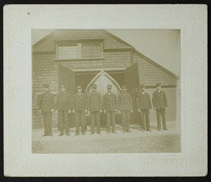 Men in front of a life-saving station, Eastham, Mass., May 13, 1901