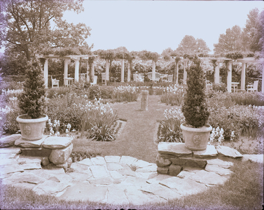 View of iris garden and pergola at Iristhorpe Farm, Shrewsbury, Mass.