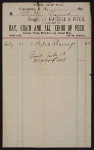 Billhead for Haskell & Fitch, hay, dealers in grain and all kinds of feed, Claremont, New Hampshire, undated
