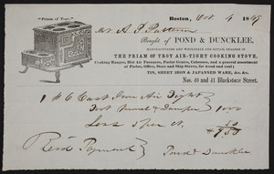 Billhead for Pond & Duncklee, the Piram of Troy Air-Tight Cooking Stove, nos. 40 and 41 Blackstone Street, Boston, Mass., dated October 4, 1849