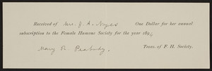 Receipt for the Female Humane Society, location unknown, 1894