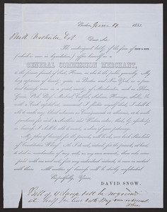 David Snow, general commission merchant, Constitution Wharf, Boston, Mass., dated June 17, 1853