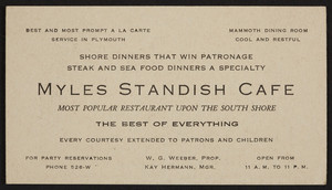 Trade card for the Myles Standish Cafe, 66 Court Street, Plymouth, Mass., undated