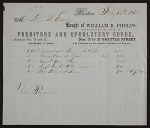 Billhead for William B. Phelps, manufacturer and dealer in furniture and upholstery goods, Nos. 17 to 27 Brattle Street, Boston, Mass., dated February 15, 1862