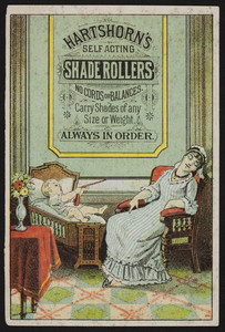 Trade card for Hartshorn's Self Acting Shade Rollers, Hartshorn's Baby Primer, 486 Broadway, New York, New York and 512 Washington Street, Boston, Mass., undated