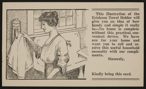 Postcard for the Erickson Towel Holder, Erickson Inc., Des Moines, Iowa, undated