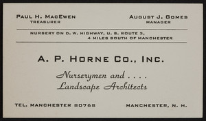 Business card for A.P. Horne Co., Inc., nurserymen and landscape architects, Manchester, New Hampshire, undated