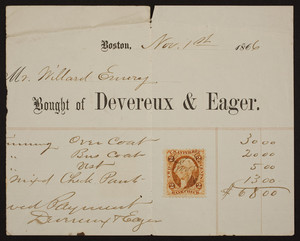 Billhead for Devereux & Eager, tailors, Boston, Mass., dated November 1, 1866