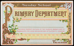 Sunday School Primary Department [blank] has been present on each of the Sundays marked and is commended for good behavior and attention to lessons, third quarter 1893, [blank] teacher, American Baptist Publication Society, Philadelphia, Pennsylvania