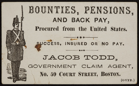 Trade card for Jacob Todd, government claim agent, No.59 Court Street, Boston, Mass., undated