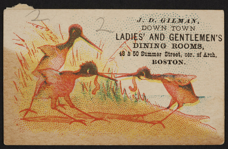 Trade card for Down Town Ladies' and Gentlemen's Dining Rooms, 48 & 50 Summer Street, corner of Arch, Boston, Mass., undated