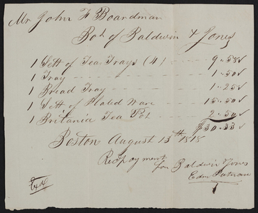 Billhead, Baldwin & Jones, silversmiths, Boston, Mass., dated August 13, 1818