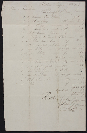 Billhead, Samuel Sumner, china, glass, Boston, Mass., dated August 17, 1818